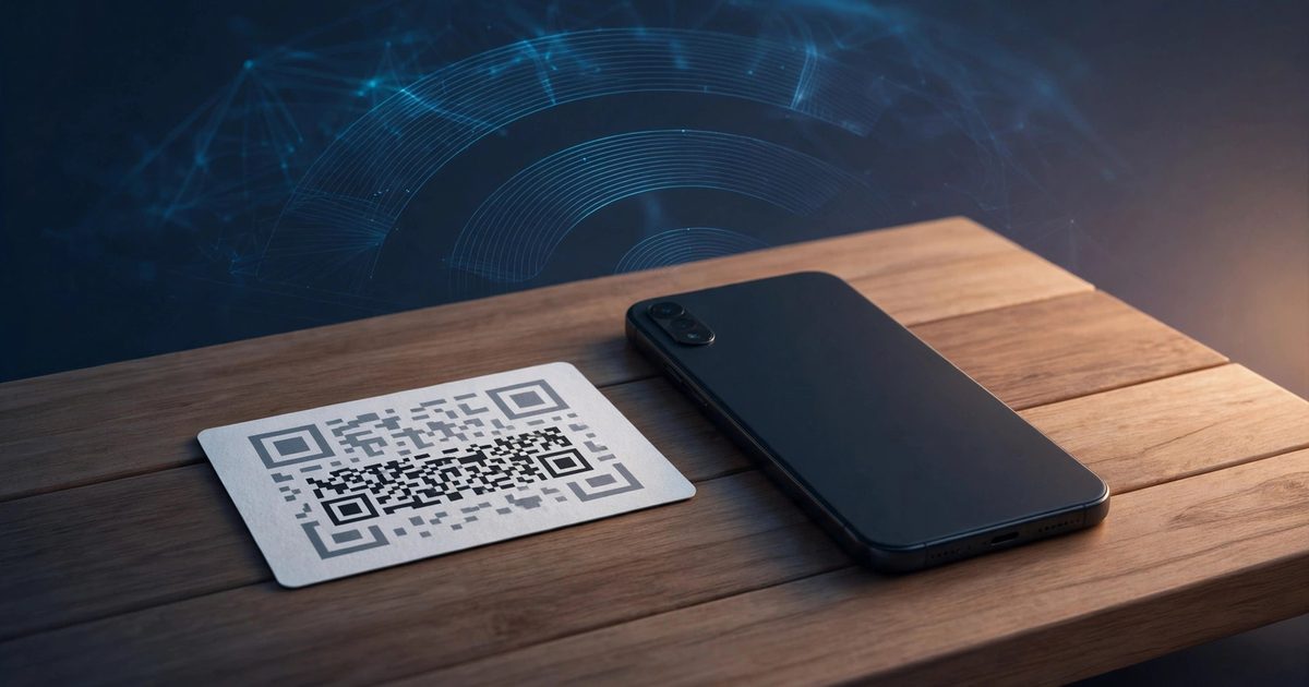 Printed Wi-Fi QR code guest card on a table next to a smartphone