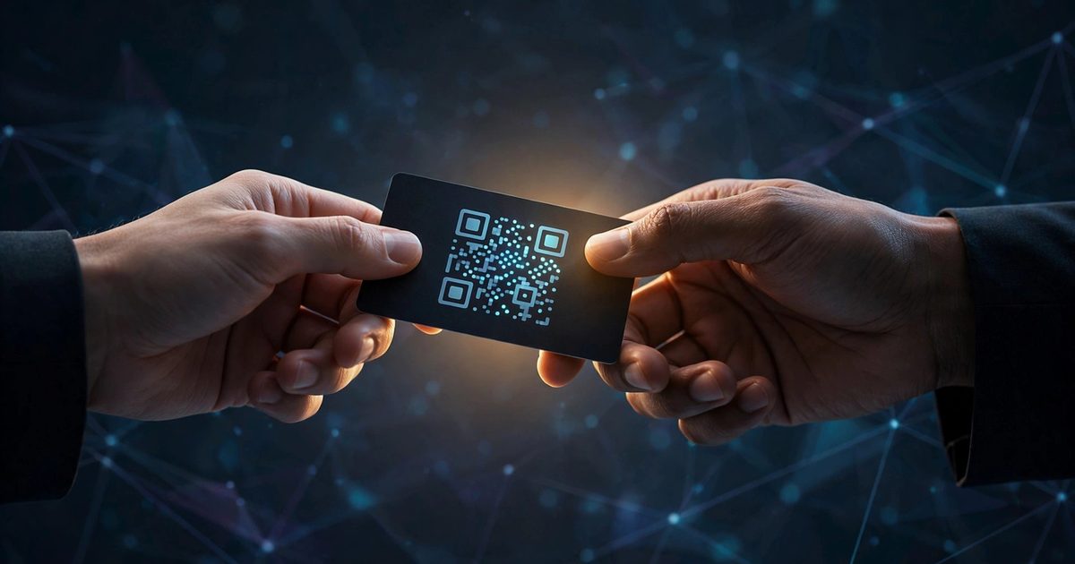 Hands exchanging a business card with QR code