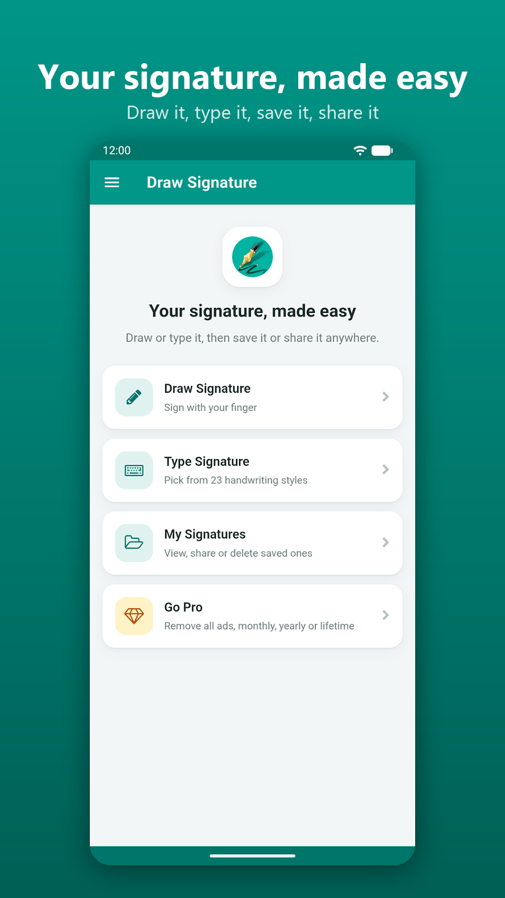 Draw Signature app home screen showing draw, type, and save options