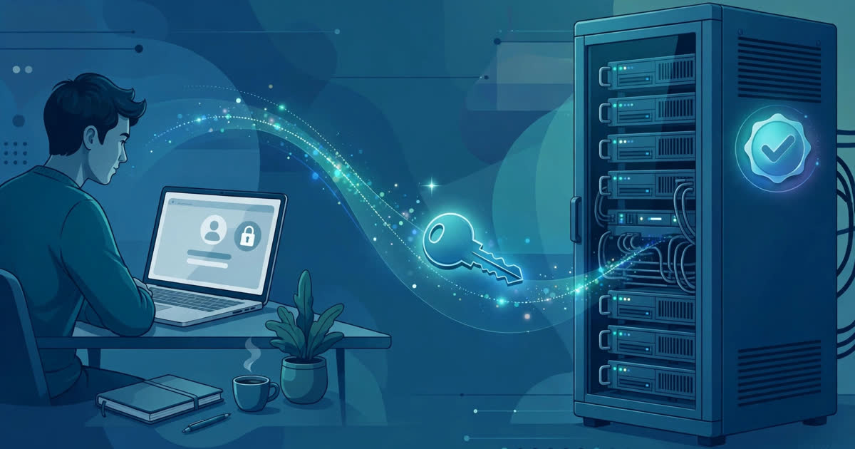 A user signing in on a laptop while a glowing key token travels to a verified server
