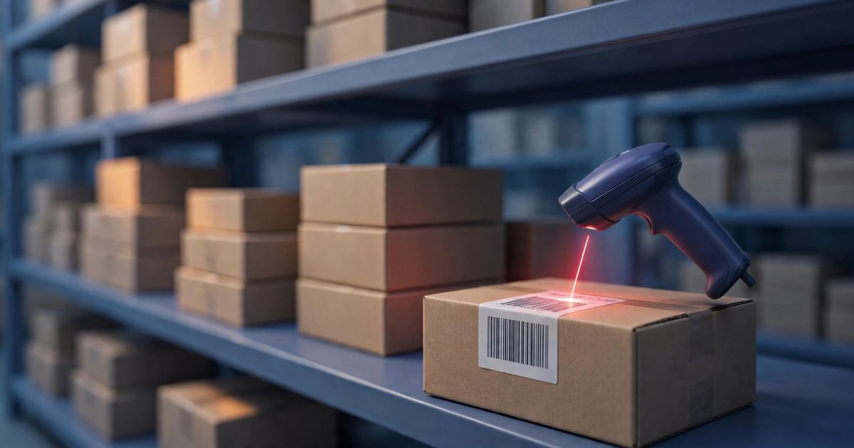 Handheld scanner reading a barcode label on a shipping box in a warehouse