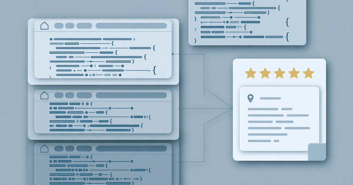 Three markup formats feeding into one search result card with a star rating
