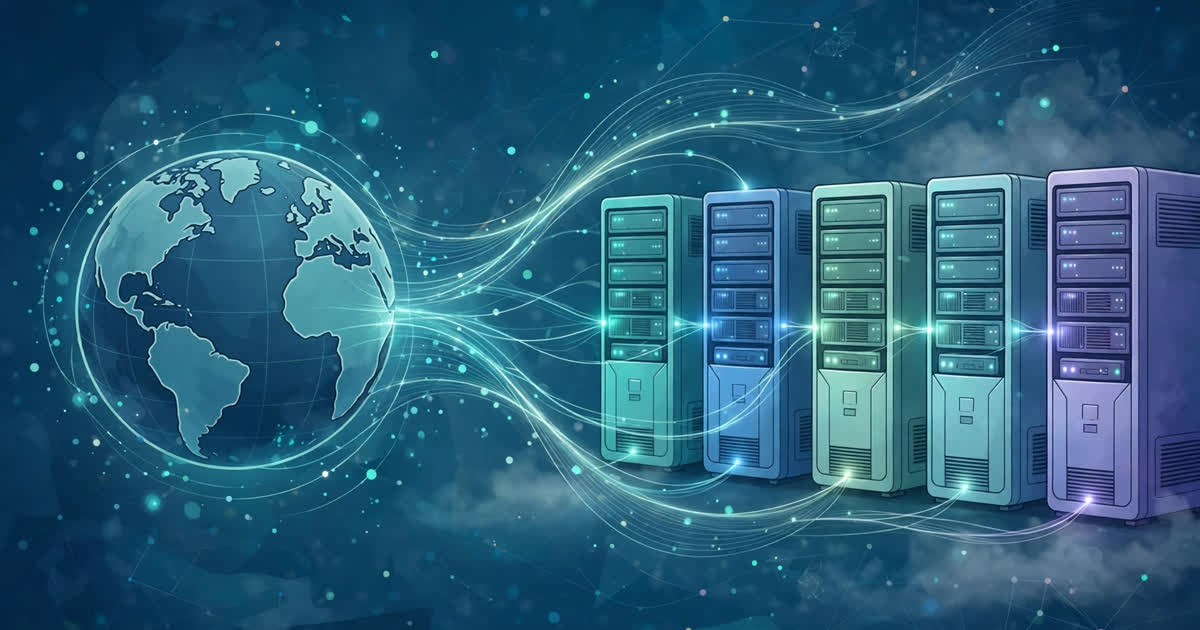 A globe connected by glowing lines to a row of servers representing DNS records