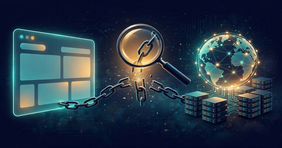Browser with broken connection chain failing to reach DNS servers, magnifying glass inspecting the break