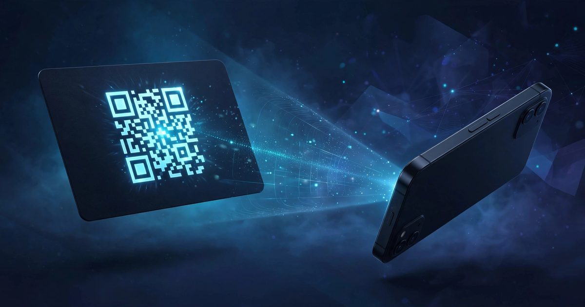 Business card with glowing vCard QR code