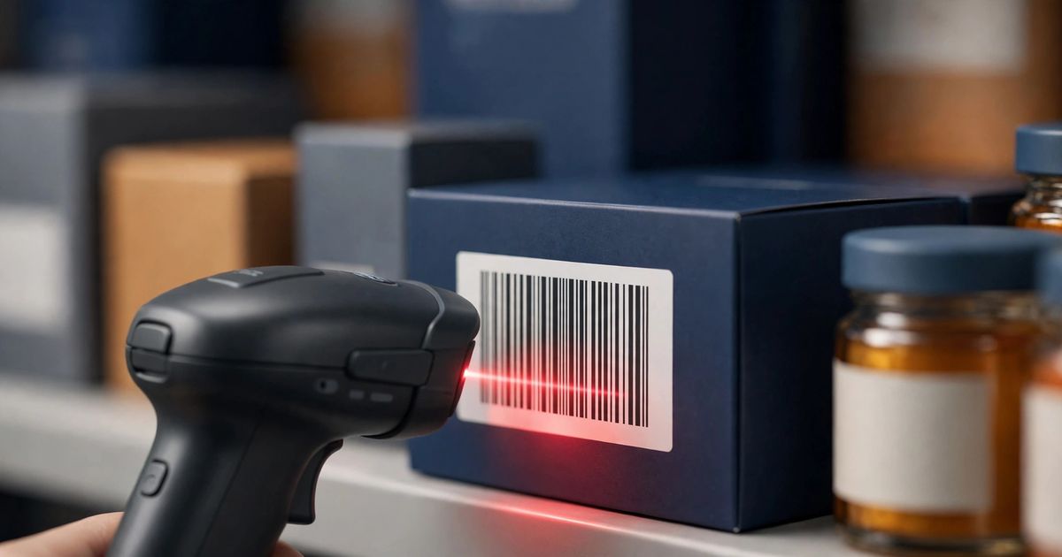 Retail products on a shelf with printed barcode labels being scanned at checkout