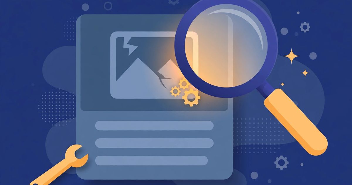 A broken social media link preview card being inspected by a magnifying glass with a repair wrench